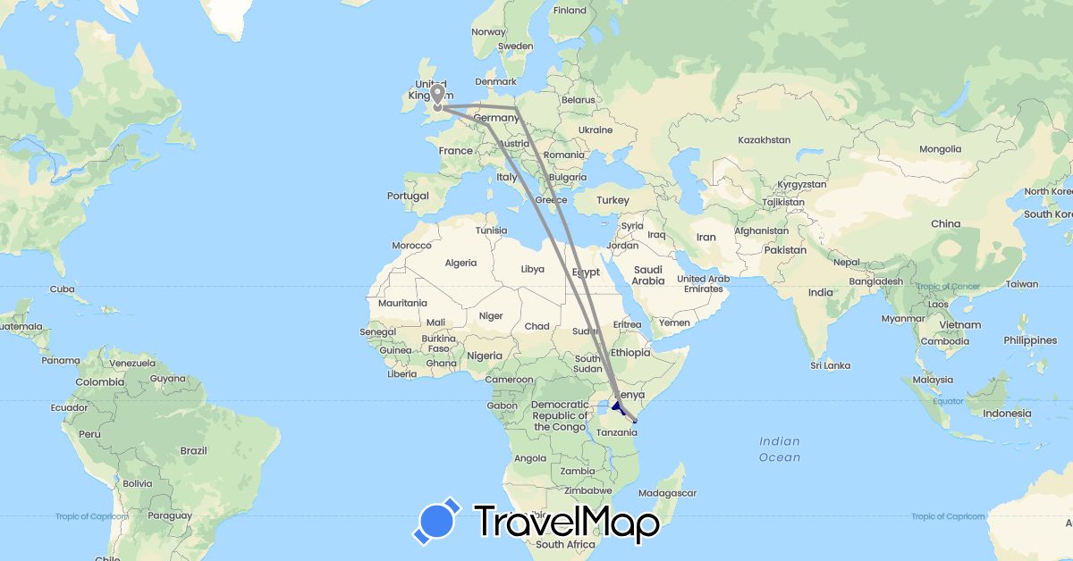 TravelMap itinerary: driving, plane, train in Germany, United Kingdom, Kenya (Africa, Europe)
